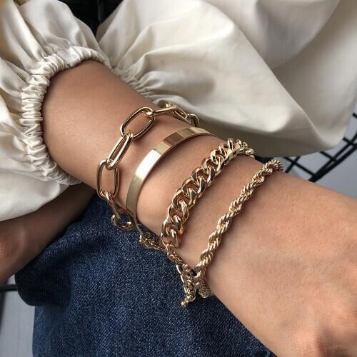 KSRA Bohemia Thick Twisted Cable Chain Bracelet For Women Vintage Gold Color Chunky Rope Bracelets Set Jewelry New