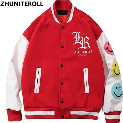 Harajuku Jacket Men Embroidery Smile Face Bomber Jackets Fashion Baseball Coats Streetwear High Street Tops College Clothing
