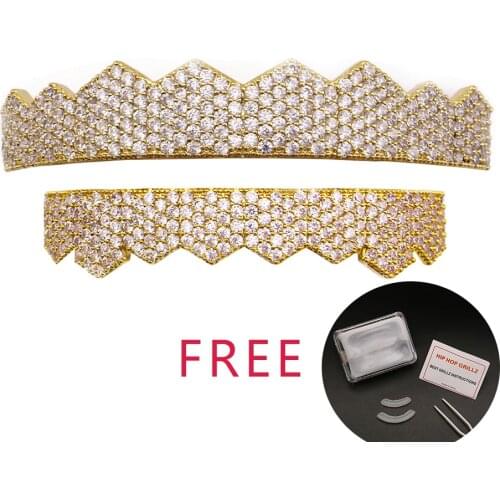 Men Gold Silver Color Iced Out Hip Hop Teeth Grillz Micro Pave Cubic Zircon Top Bottom Teeth Grills Set Fashion Tooth Jewelry