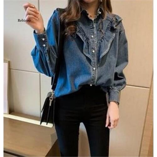 Autumn Spring Plus Size Ruffles Blue Blouse Shirts Lady Long Sleeve Denim Shirt Loose Single Peals Buttons Jeans Tops Blusa