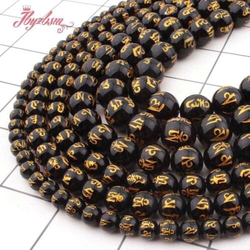 Natural Round Carved Mantra Tibetan Agates Black Loose 6/8/10MM Stone Beads For Necklace Bracelet DIY Jewelry Making Strand 15"