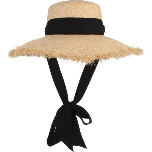 New Handmade Weave Raffia Straw Hat For Women Wide Brim Floppy Sun Hat Summer Hats Lady Beach Cap With Chin Strap Fashionable