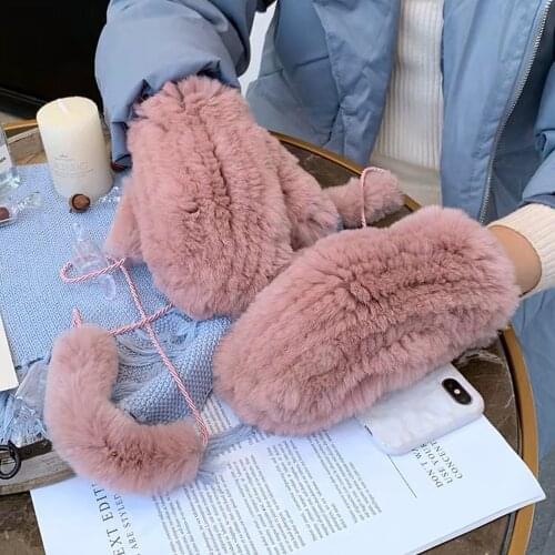 Womens Winter Real Rex Rabbit Fur Gloves Warm Thick Ladies Fur Mittens Elastic Girls Ski Glove Mitts Elastic Soft With String