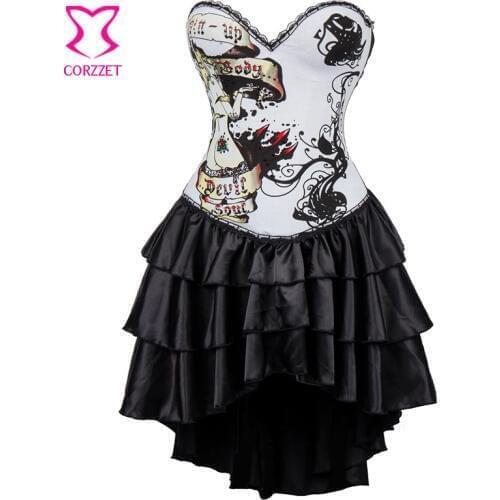 Burlesque Nude Women Printed White Cotton Push Up Sexy Corsets and Bustiers With Ruffle Swallowtail Skirt Gothic Corset Dress