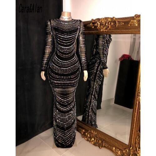 Sexy Robe De Soirée Black Prom Dresses 2021 Beading Crystal Mermaid Evening Dress Long Sleeves Vestidos De Graduación