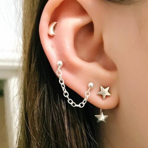 3 pcs Vintage Bohemian Mix Design Little Star Piercing Earring for Women Silver Color Chain Bead Moon Ear Studs Cuff Earring Set