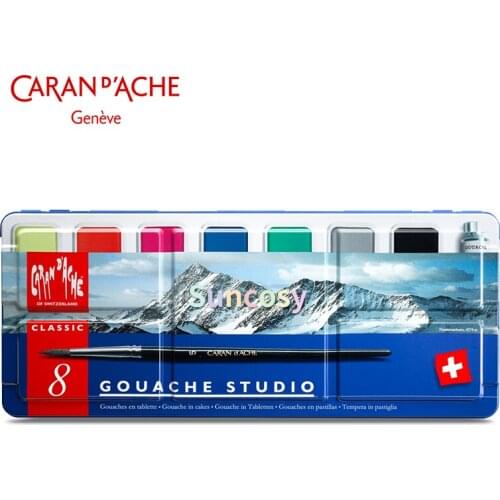 Caran D'Ache, Gouache Studio, with Metal Box and Paintbrush, 8 Colors 15 Colors, Gouache with Velvet Like Feel