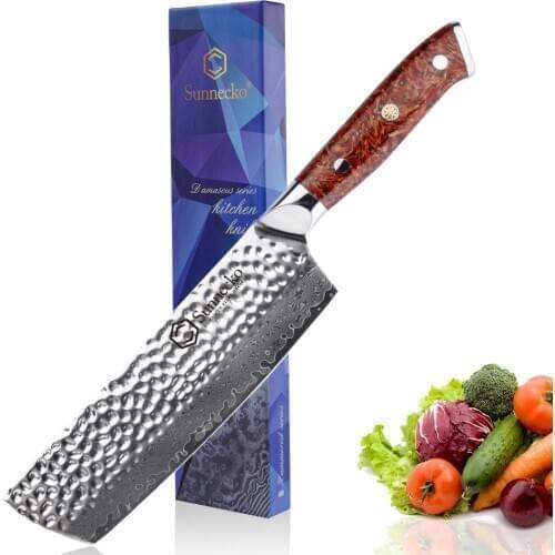 Sunnecko 7'' Nakiri Cleaver Knife Damascus Steel Hammer Blade Chef Kitchen Knives Red Chaff husk Handle Sharp Meat Cutter Tool