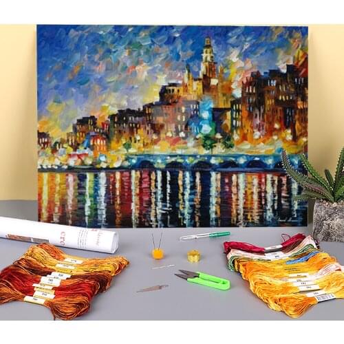 Glowing Harbor Printed Fabric 11CT Cross Stitch DIY Embroidery Kit DMC Threads Handmade Handiwork Needlework Hobby Needle