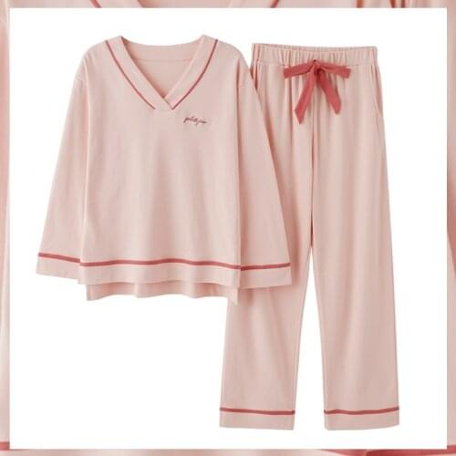 Womens Pajamas Spring and Autumn Cotton Long-Sleeve Trousers Sleepwear Solid Color V-Neck Pullover Loose Casual Female Homewear