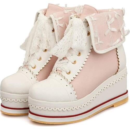 Womens Cute Lolita Boots Cosplay Brogue Wedge Boots Cute Shoes Women Gothic Lolita Loli Pink Lolita Shoes