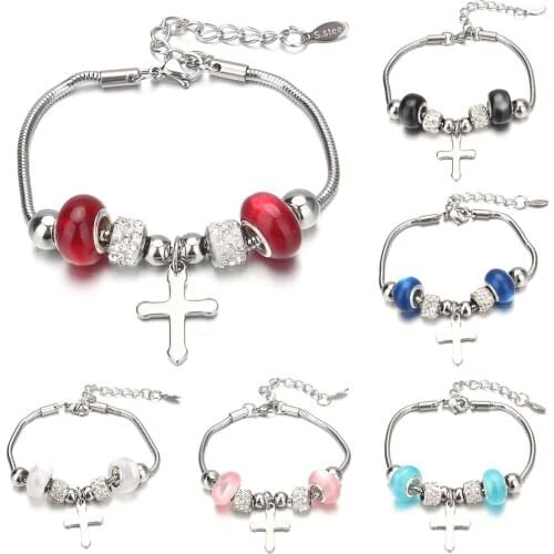 New Fashion Charm Bracelet & Bangles Cross 6-color Crystal Beads Brand Bracelets for Women Jewelry Girl Friendship Gift