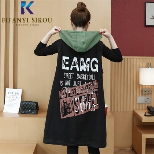 Fashion Print Denim Vest Women Sleeveless Jacket Pocket Hooded Long Vest Jeans Coat Female Loose Plus Size Denim Jacket Vests