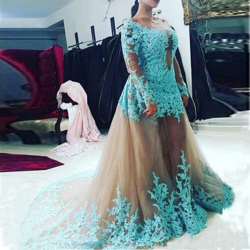 Scoop Neckline Mermaid Long Sleeves Skin Tulle Prom Dresses With Detachable Skirt Formal Dress Blue Lace Applique Evening Gown