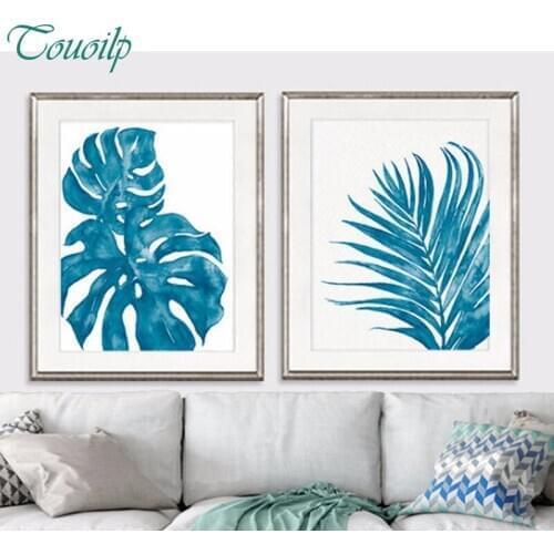 2pcs/set,blue decor,tropical art,palm leaf,5D DIY Diamond Painting,Full Square Diamond Cross Stitch,Rhinestone Mosaic Painting