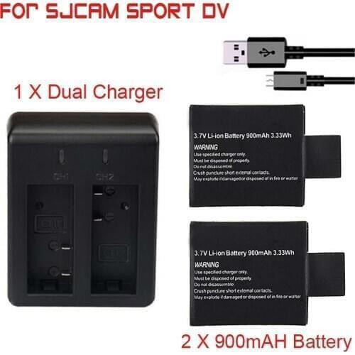 2Pcs 900mAh SJ4000 Camera Battery + Dual Charger for SJCAM SJ5000 SJ6000 SJ8000 M10 EKEN 4K H8 H9 Sports Action Camera DV