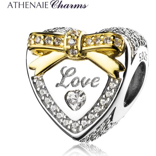 ATHENAIE 925 Sterling Silver CZ Pave 18kt Gold Bow Sparkling Love Heart Charms Fit Women Bracelets Bangle for Valentines Day