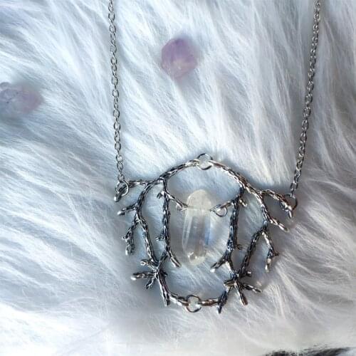 White Quartz Stone Branch Necklace Gothic Jewelry Witch Style Amulet Dark Forest Pagan Magic Wizard Mystery Gift