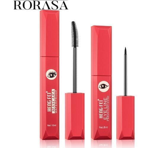 RORASA 2 in 1 Black Mascara Liquid Profession Eye Makeup Line Wateproof Eyelliner Cosmetics Lasting Curl Mascara Makeup Set