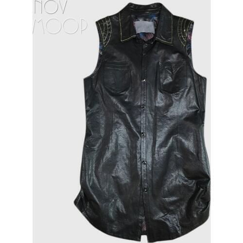 Black genuine leather vest 100%lambskin coat women trench coat chains decor veste femme chalecos mujer colete gilet LT104