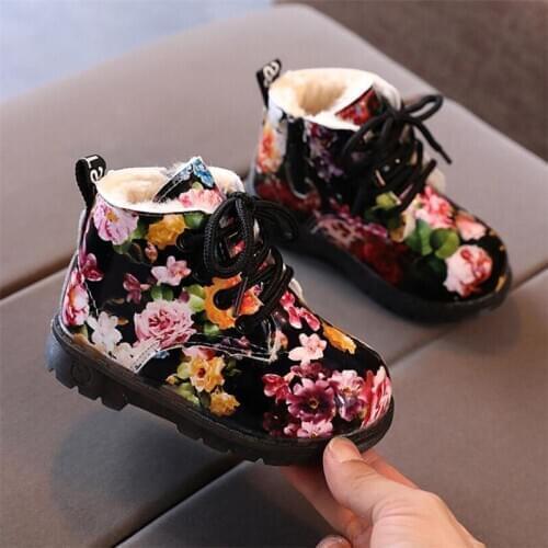 Child Winter Warm Plush Ankle Boots Kids Flower Printed Martin Boots Girls Spring Autumn Casual Walking Shoes Short Bootee 21-30