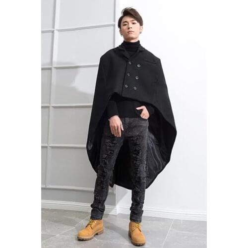 Suit collar double breasted dovetail cape with short front and long back over the knee long winter fashionable mens coat woolen