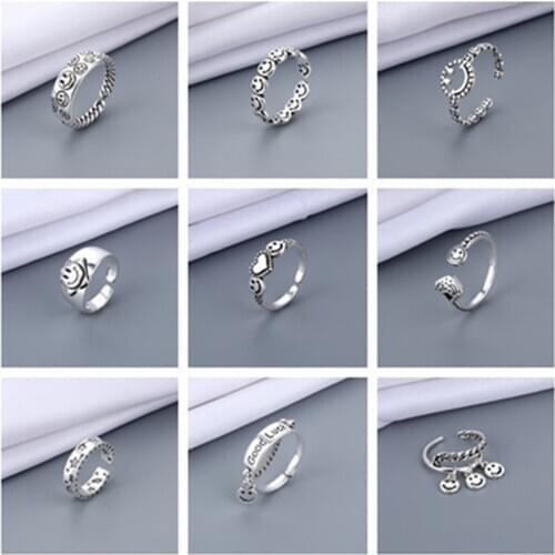 2021 Punk Smiling Face Open Rings For Women Unisex Jewelry Vintage Ancient Silver Color Adjustable Stackable Link Twisted Ring