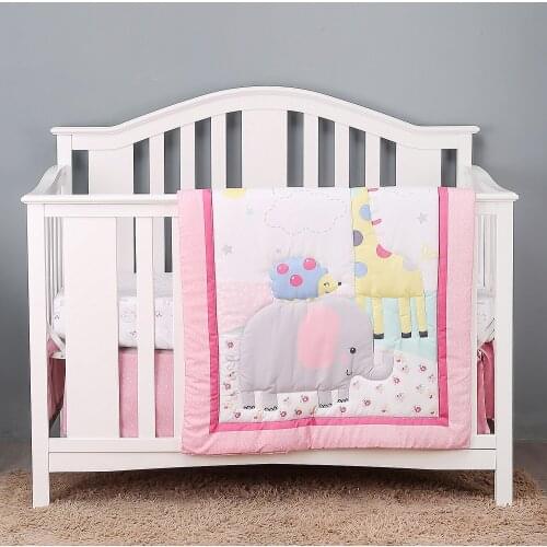 3PCS Pink Elephant Crib Bedding Sets for Baby Girls Crib Set Nursery Baby Bedding,Fitted Sheet, Crib Quilt, Dust Ruffle