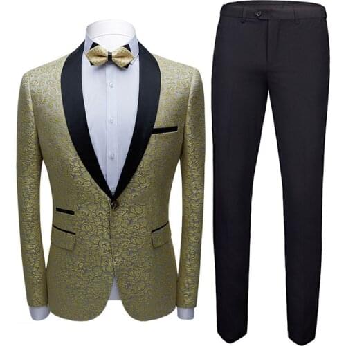 Banquet Men Stage Tuxedos Costume Slim Fit Gold Jacquard Suits Party Prom Nightclub Singer Host Dancer Ball 2 Pieces Shawl Lapel