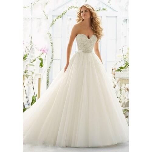 Newest Design Custom Made Luxury Bridal Sweetheart Chapel Train Tulle Beading Pearls Wedding Dresses Ball Gown