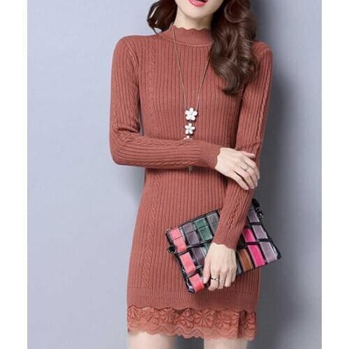 New 2021 Women Autumn Winter Long Pullovers Sweater Female Lace Stitching Knit Sweater Dress Sexy Lady Turtleneck Sweaters W1630