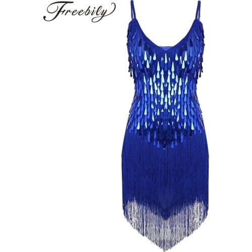 New Adult Women Straps Sparkling Sequins Fringe Dance Party Dress Gowns Rhythm Ballroom Costumes Samba Rumba Tango Dance Dress