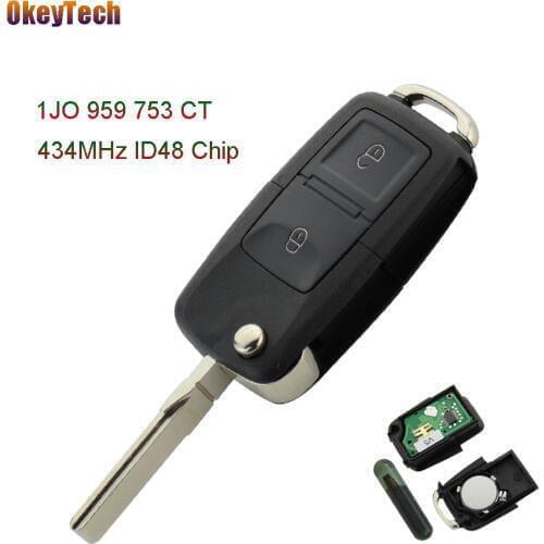 OkeyTech 434MHz ID48 Chip 2 Buttons Flip Folding Remote Control Key Fob Case For VW Volkswagen Bora Polo Golf MK4 1J0959753CT