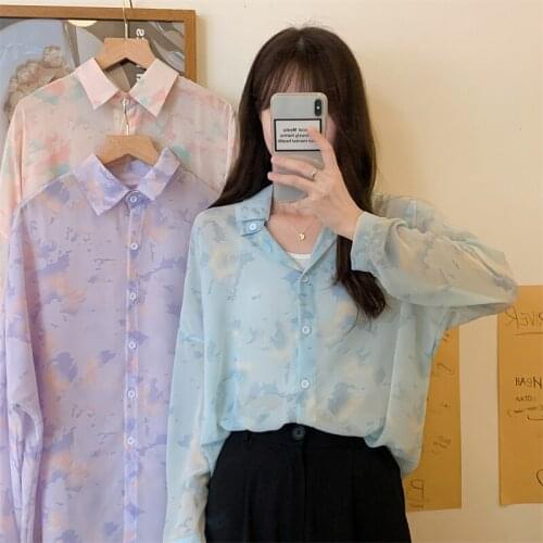 Women Shirts Temperament Tie-dye Polo Collar Thin Long-sleeved Shirt Female Design Sense Niche Summer New Korean Style Top