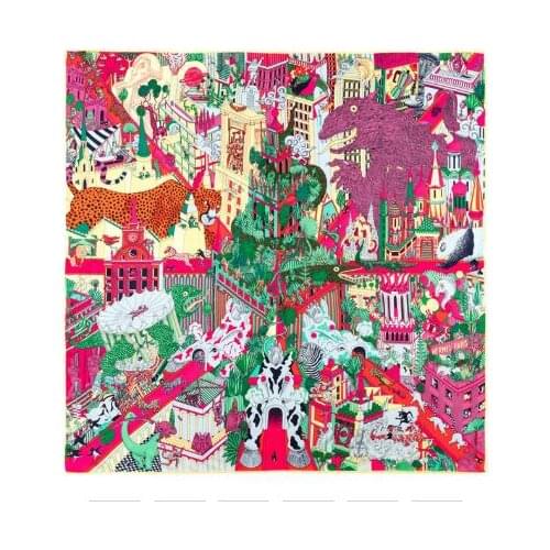 90cm Manual Hand Rolled Twill Silk Scarf Women Animals Kingdom Square Scarves Echarpes Foulards Femme Wrap Bandana Hijab