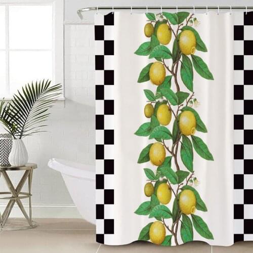 Lemon Fruit Retro Lattice Shower Curtains Waterproof Bathroom Curtain Frabic Polyester Bathroom Curtain with Hooks
