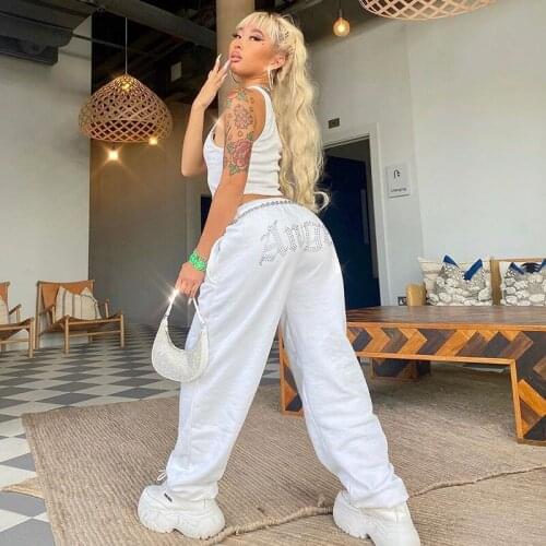 2021 Y2k Jogging Sweatpants Baggy Womens Fashion Diamond Ornament Sports Pants Korean Wide White Tracksuit Pants Harajuku New