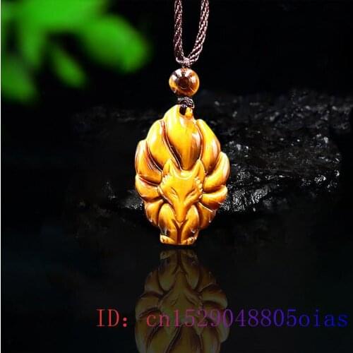 Tiger Eye Nine Tailed Fox Pendant Necklace Gifts Jewelry Jade Chinese Charm Fashion Jadeite Carved Gemstone Natural Amulet