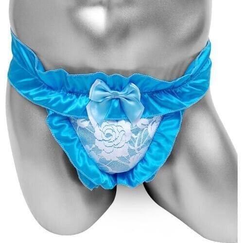 Shiny Satin Mens Sissy Panties Ruffled Bowknot Underwear High Cut Bikini Tangas Thongs Underwear Gay Porno G-string Underpants
