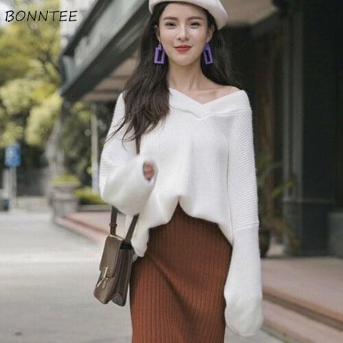 Pullovers Women V-neck Batwing Sleeve Solid Knitting Loose Soft Simple Daily All-match Ulzzang Leisure Elegant Females Sweaters