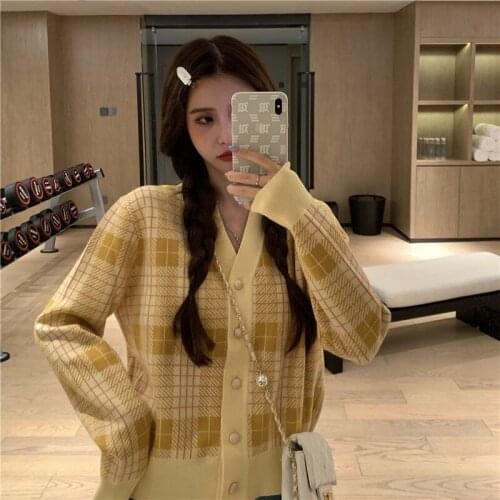 Woman Sweaters Cardigan Plaid Knitted Top Womens Short Western Style V-neck Cardigan Gas Slim Fit Sweater Coat