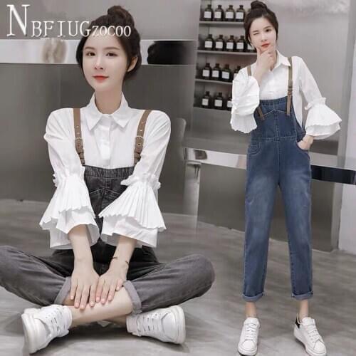 2020 Korean Loose Women Sets Flare Sleeve Blouse And Denim Suspender Pants Female Sets