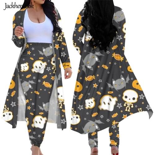 Jackherelook Women Black 2 Piece Open Front Cardigan Pants Halloween Cutie Patooties Print Spring Outfits High Waist Leggings