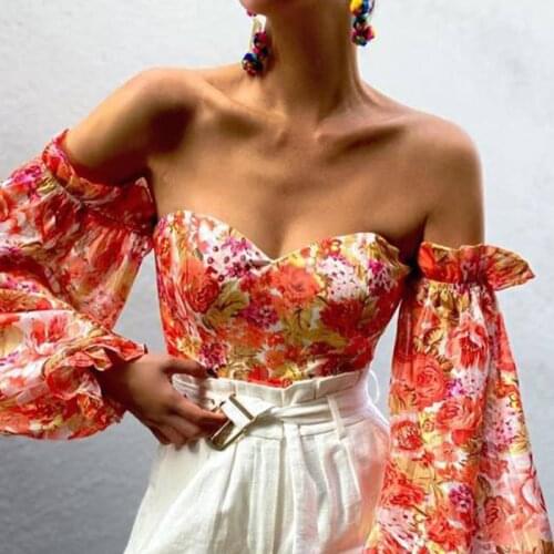 Unaiza Sexy Shoulder Ruffles Summer Crop Top Fashion Women Holiday Beach Shirt Vintage Leaf Printed Elegant 2021 Female Blouse