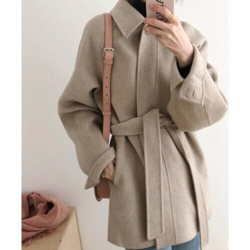 Women Elegant Wool Coat Autumn Winter Long Sleeve Turn Down Collar Korean Coat Ladies Turn Down Collar Single-breasted Outwear
