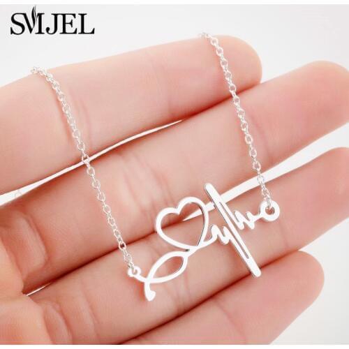 SMJEL Stainless Steel Stethoscope Heart Necklaces Women Doctor Nurse Medical Jewelry ECG Wave Charm Necklace Collier Femme