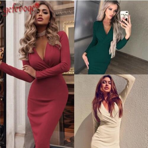 New Fashion Womens Clothing 2021 Sexy V-Neck Folds Buttocks Party Dress Elegant Temperament Solid Long Sleeve Slim Dresses