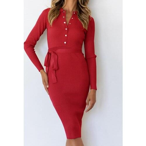 Belt Turn-down Collar Women Dress Autumn Sexy Deep V Long Sleeve Buttons Knitted Party Dress Sundress robe femme Vestidos 2021