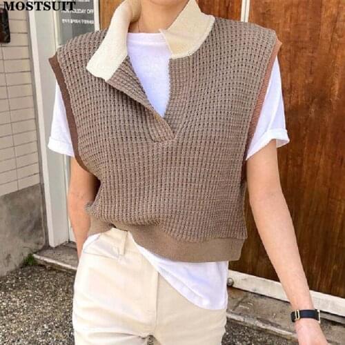 Stylish Color-blocked Sweater Vest Women Sleeveless Turtleneck Pullover Tops Chic Fashion Vintage Ladies Knitted Vest 2021
