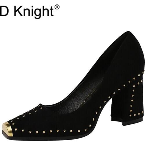 2020 Luxury Women Shoes Casual Rivet Elegant Shallow Mouth Party Pumps Shoes Woman Sexy Metal Square Toe OL High Heel Pumps Shoe